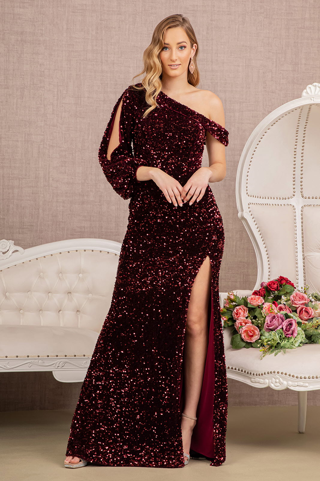 Sequin Asymmetric Velvet Mermaid Dress w/ One Long Puff Sleeve