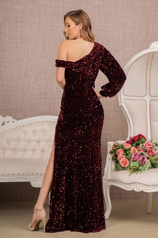 Sequin Asymmetric Velvet Mermaid Dress w/ One Long Puff Sleeve