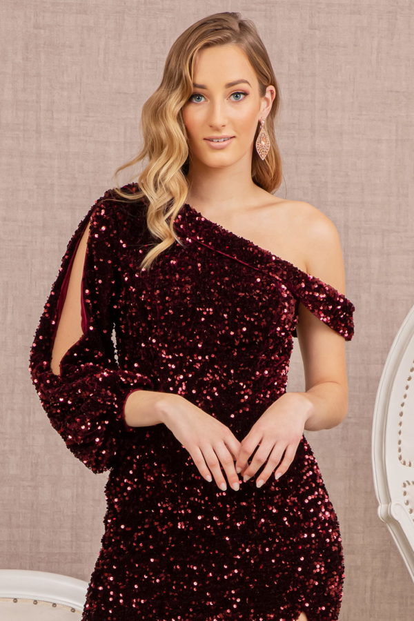 Sequin Asymmetric Velvet Mermaid Dress w/ One Long Puff Sleeve