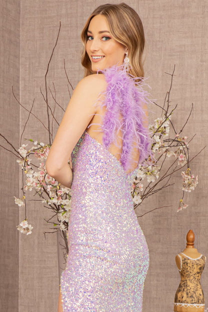 Sequin Asymmetric Cut-out Back Mermaid Dress w/ Feather Strap