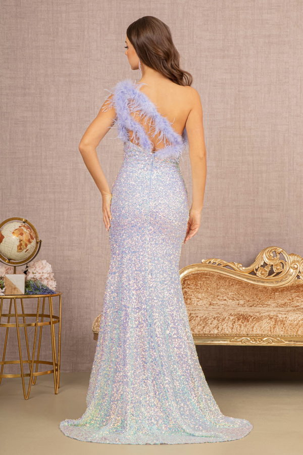 Sequin Asymmetric Cut-out Back Mermaid Dress w/ Feather Strap