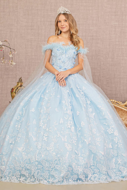 Feather 3-D Flower Quinceanera Gown w/ Detachable Side Mesh Layer