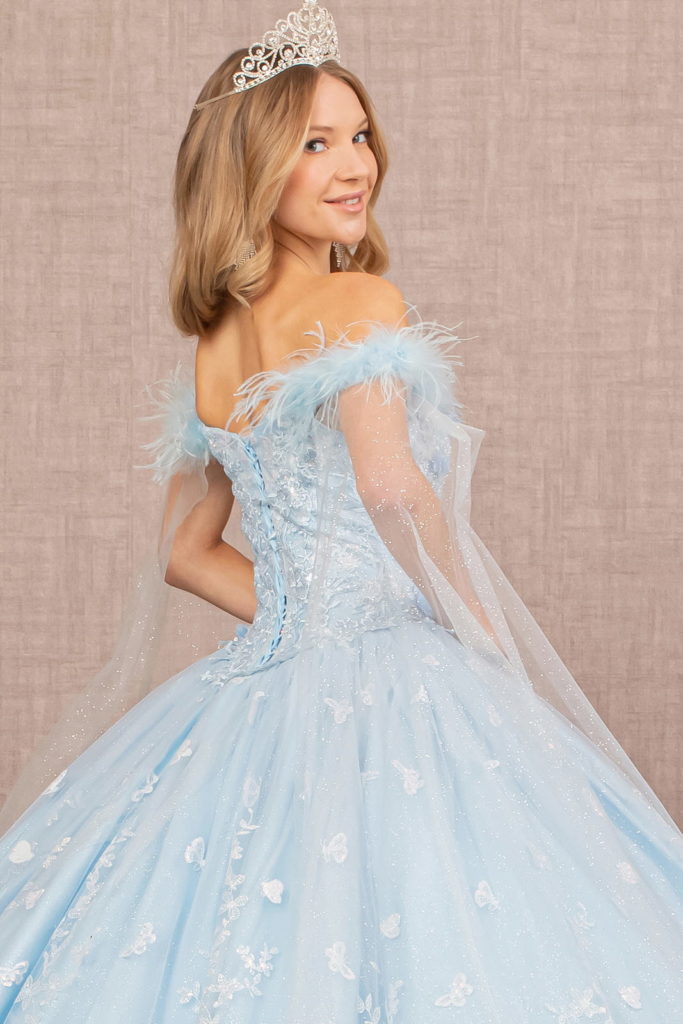 Feather 3-D Flower Quinceanera Gown w/ Detachable Side Mesh Layer