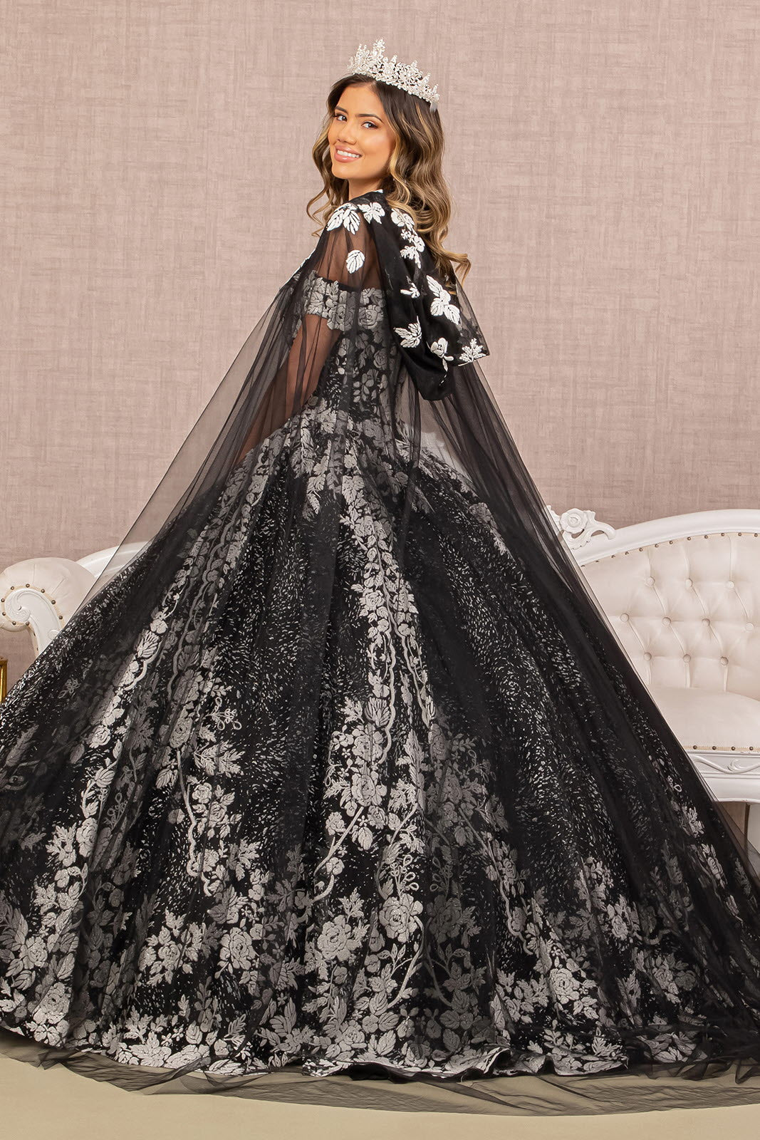 Floral Pattern Glitter Quinceanera Gown w/ Long Mesh Cape