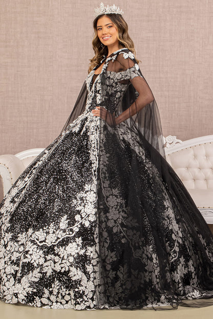 Floral Pattern Glitter Quinceanera Gown w/ Long Mesh Cape