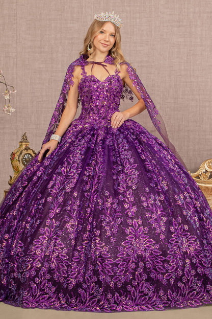 3-D Flower Sweetheart Glitter Mesh Ball Gown w/ Long Mesh Cape