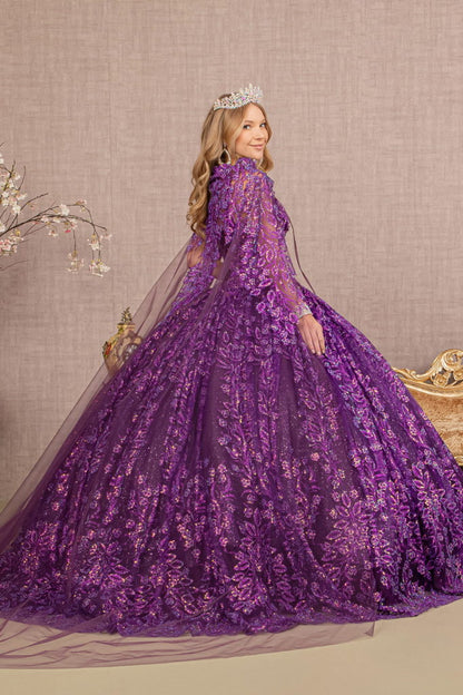 3-D Flower Sweetheart Glitter Mesh Ball Gown w/ Long Mesh Cape