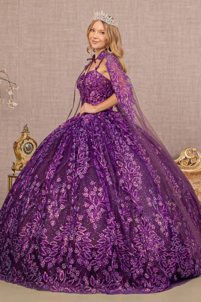 3-D Flower Sweetheart Glitter Mesh Ball Gown w/ Long Mesh Cape