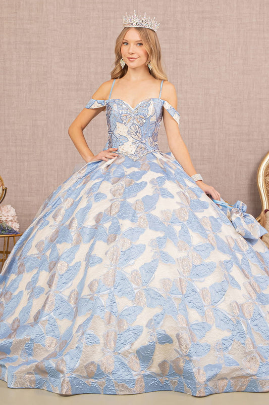 Ribbon Jewel Quinceanera Gown w/ Long Mesh Tail and Mini Bag