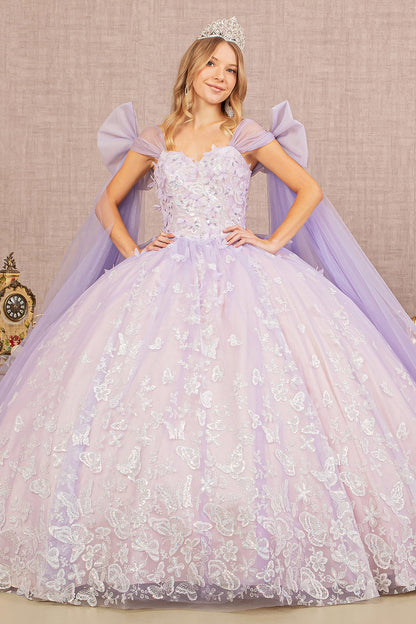 Jewel Glitter Quinceanera Gown w/ Long Mesh Layer and Ribbons