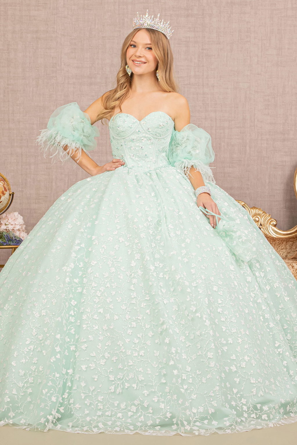 Jewel Strapless Quinceanera Gown w/ Detachable Short Puff Sleeves