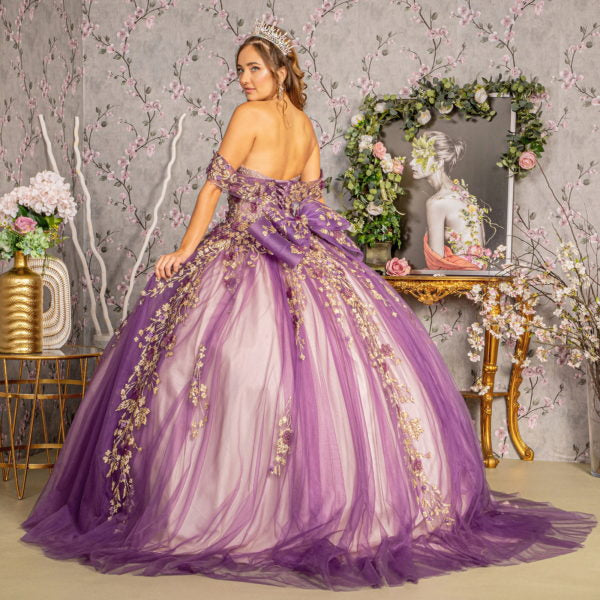 Flower Applique Bead Off Shoulder Ball Gown w/ Detachable Ribbon