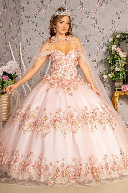 Glitter 3-D Flower Applique Mesh Quinceanera Gown w/ Long Mesh Cape