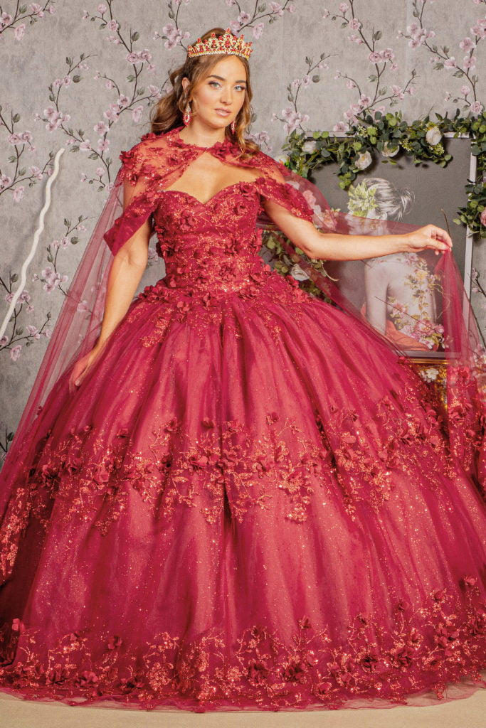 Glitter 3-D Flower Applique Mesh Quinceanera Gown w/ Long Mesh Cape