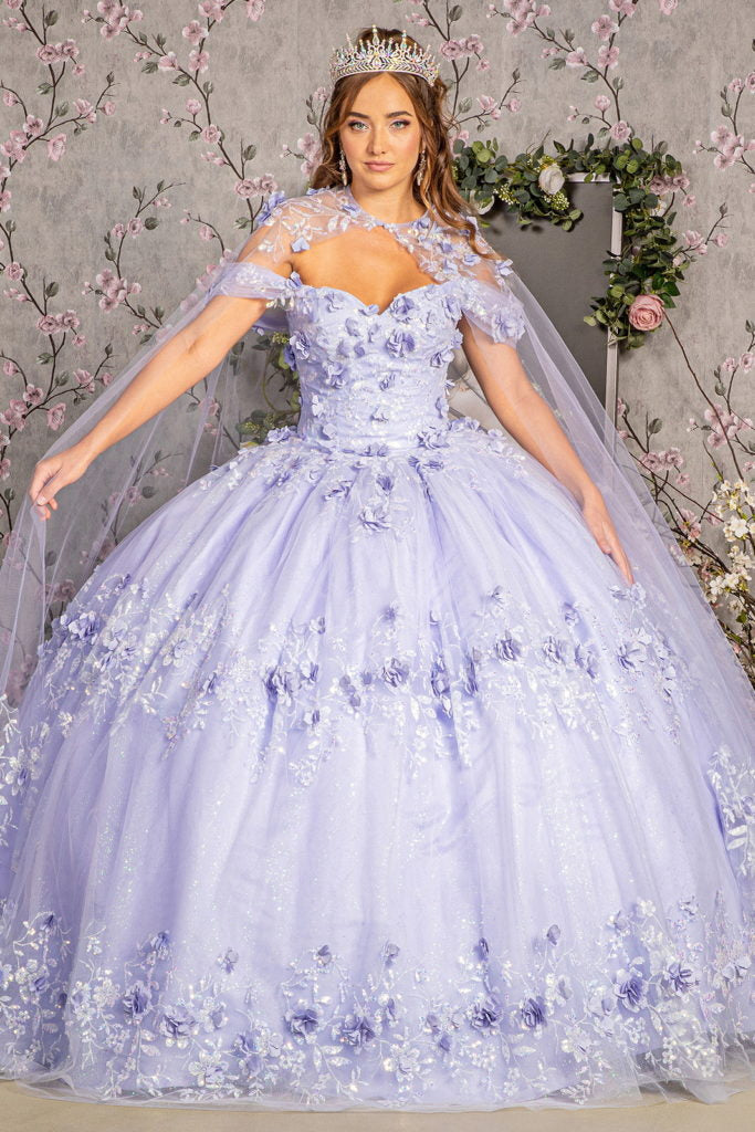 Glitter 3-D Flower Applique Mesh Quinceanera Gown w/ Long Mesh Cape