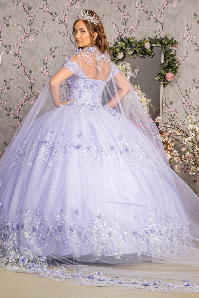 Glitter 3-D Flower Applique Mesh Quinceanera Gown w/ Long Mesh Cape