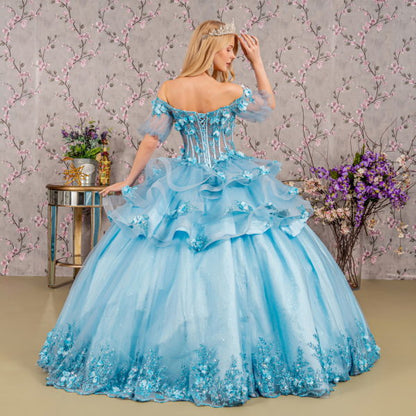 3-D Flower Applique Sheer Bodice Quinceanera Gown w/ Ruffle Skirt