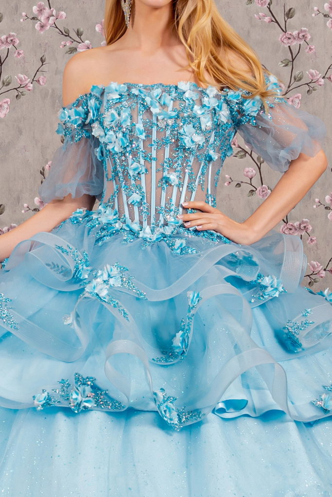 3-D Flower Applique Sheer Bodice Quinceanera Gown w/ Ruffle Skirt