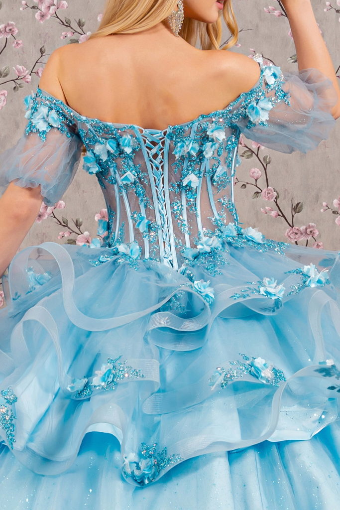 3-D Flower Applique Sheer Bodice Quinceanera Gown w/ Ruffle Skirt