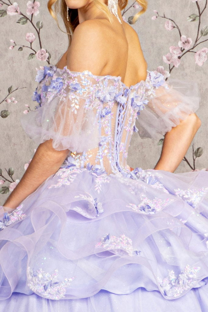 3-D Flower Applique Sheer Bodice Quinceanera Gown w/ Ruffle Skirt