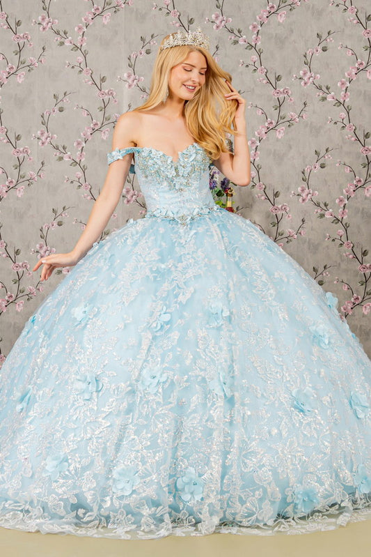 3-D Butterfly Applique Jewel Sequin Quinceanera Ball Gown