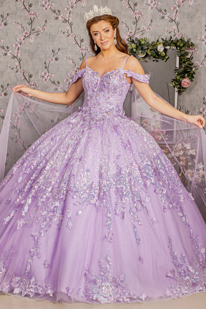 3-D Butterfly Applique Quinceanera Gown w/ Detachable Mesh Back Drape