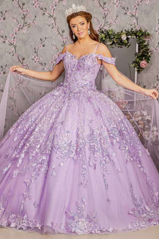 3-D Butterfly Applique Quinceanera Gown w/ Detachable Mesh Back Drape