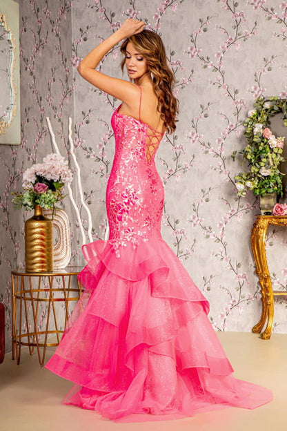 Glitter Sequin Sheer Bodice Mesh Trumpet Long Dress w/ Ruffled Hem