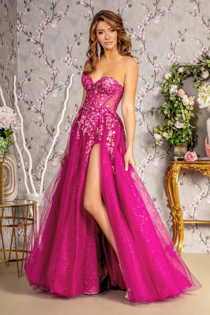 Sequin Strapless Sheer Bodice Mesh A-line Long Dress