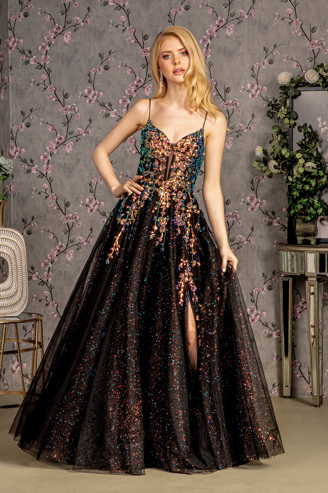 Glitter Illusion Sweetheart Sheer Bodice Mesh A-line Long Dress