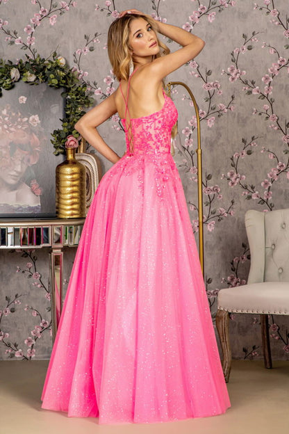 Glitter Illusion Sweetheart Sheer Bodice Mesh A-line Long Dress