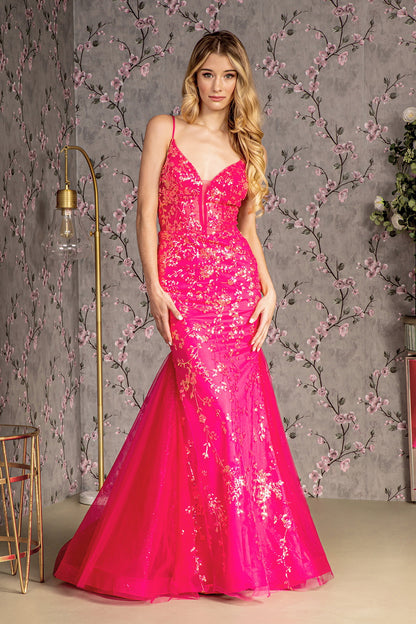 Glitter Sequin Sheer Bodice Mesh Trumpet Long Dress