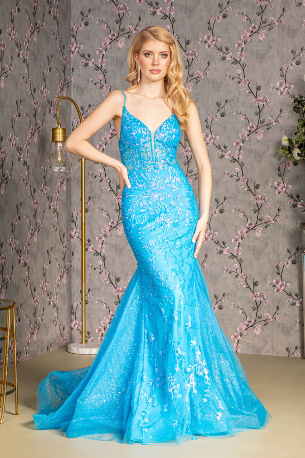 Glitter Sequin Sheer Bodice Mesh Trumpet Long Dress