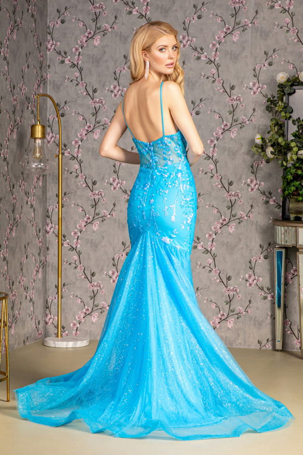 Glitter Sequin Sheer Bodice Mesh Trumpet Long Dress