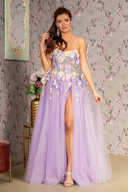 3-D Flower Glitter Mesh A-line Long Dress w/ Long Sleeves