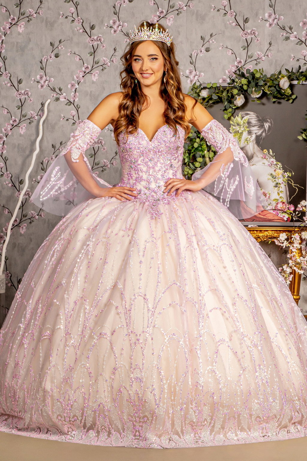 Jewel Sequin Mesh Ball Gown w/ Detachable Long Sleeves