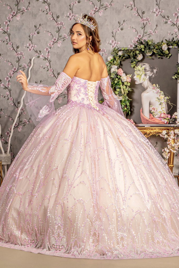 Jewel Sequin Mesh Ball Gown w/ Detachable Long Sleeves