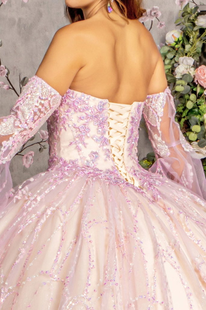 Jewel Sequin Mesh Ball Gown w/ Detachable Long Sleeves