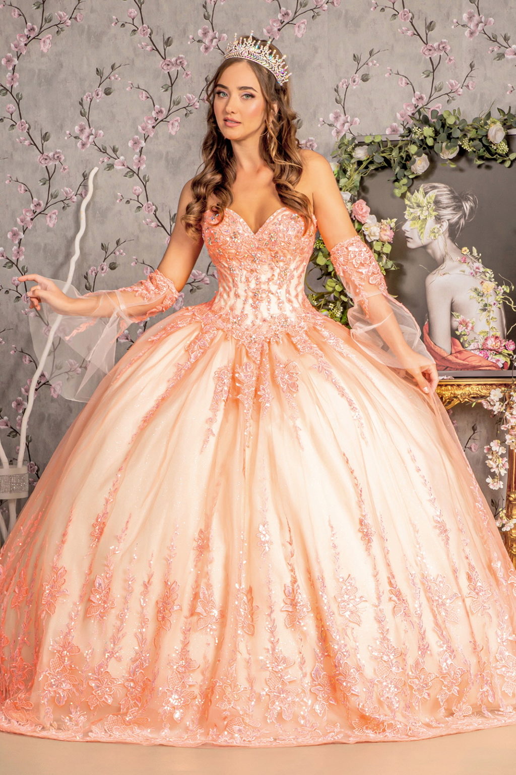 Jewel Sequin Sweetheart Mesh Ball Gown w/ Long Sheer Sleeves