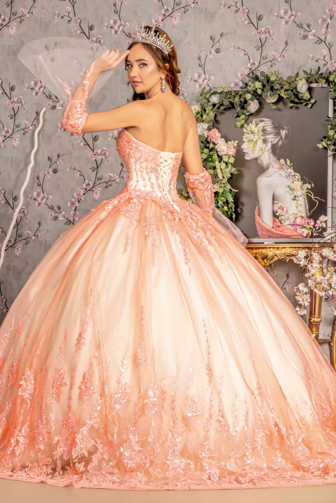 Jewel Sequin Sweetheart Mesh Ball Gown w/ Long Sheer Sleeves