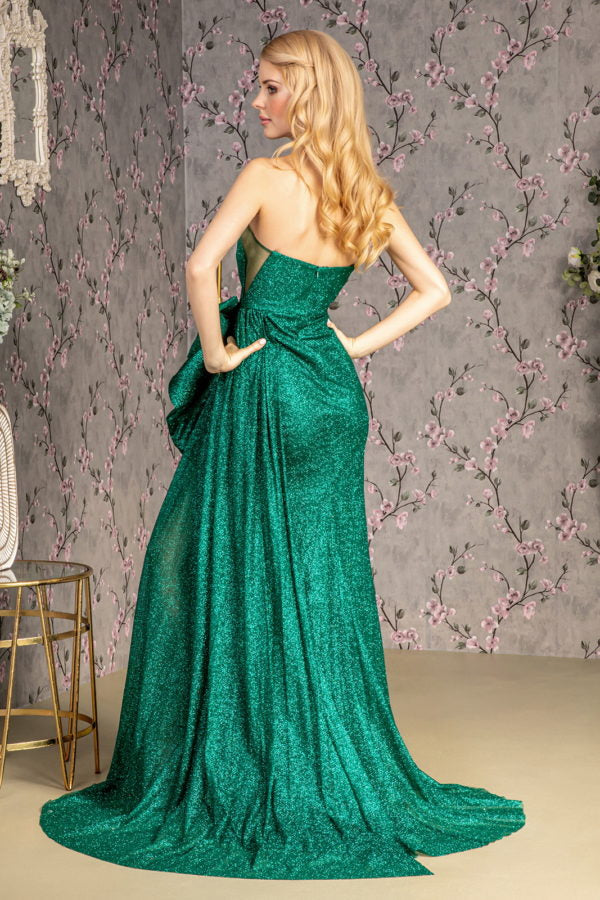 Asymmetric Glitter Crepe Mermaid Long Dress w/ Side Waist Drape