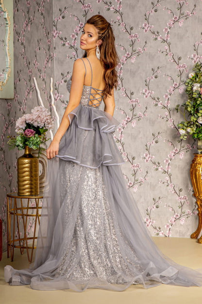 Jewel Sheer Bodice Mesh Mermaid Long Dress w/ Detachable Waist Drape