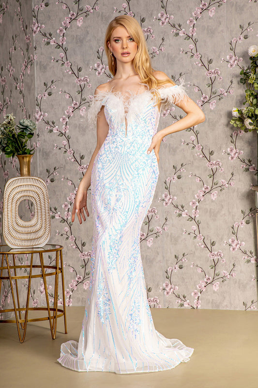 Feather Sequin Illusion Sweetheart Mesh Mermaid Long Dress