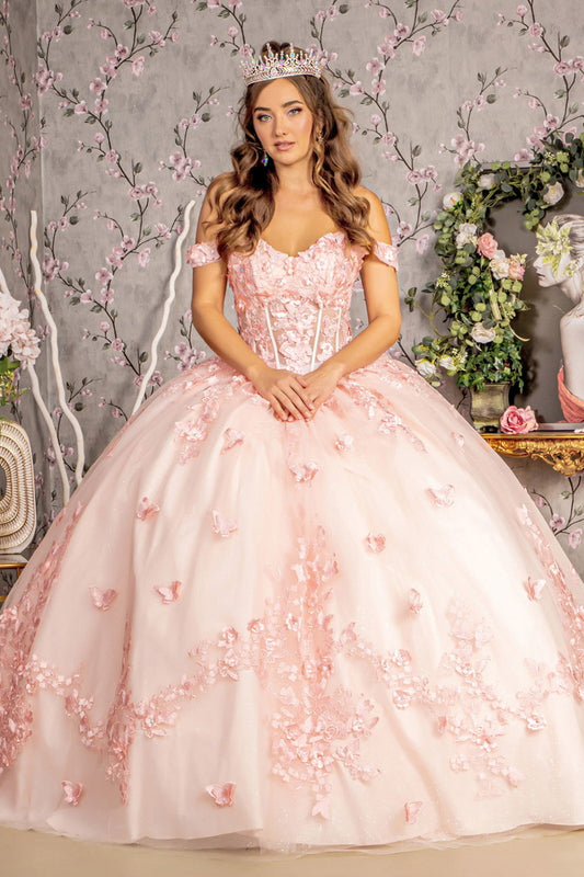 3-D Flower Glitter Bead Sheer Corset Bodice Mesh Ball Gown