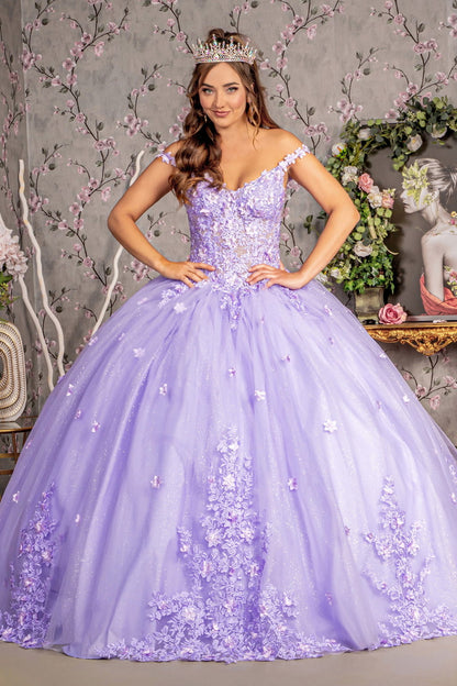 3-D Flower Jewel Glitter Sheer Bodice Mesh Ball Gown