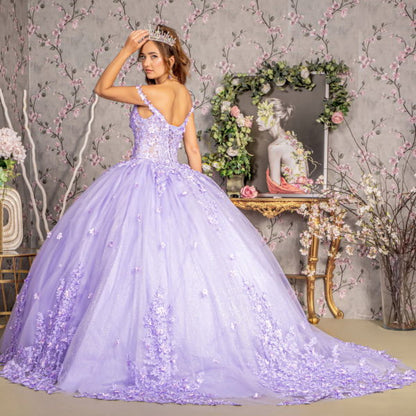 3-D Flower Jewel Glitter Sheer Bodice Mesh Ball Gown