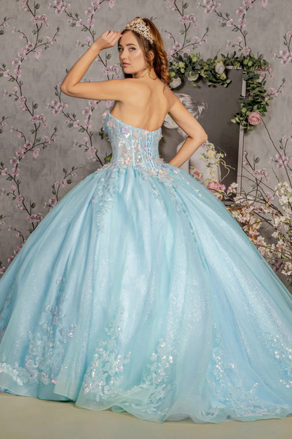 3-D Flower Embroidery Sheer Corset Bodice Mesh Ball Gown