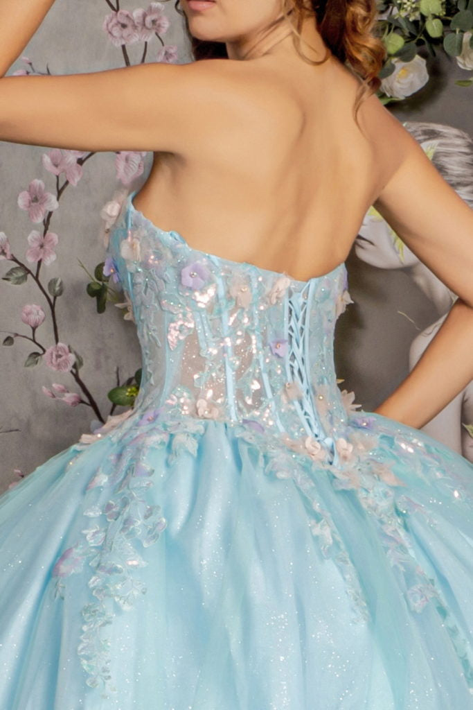 3-D Flower Embroidery Sheer Corset Bodice Mesh Ball Gown