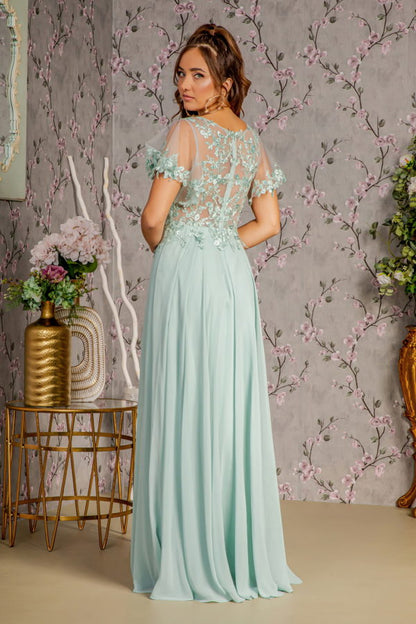 3-D Flower Embroidery Chiffon A-line Long Dress w/ Sheer Short Sleeves