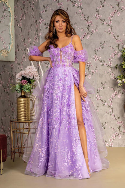 3-D Flower Puff Sleeves Mesh A-line Long Dress w/ Detachable Waist Drape